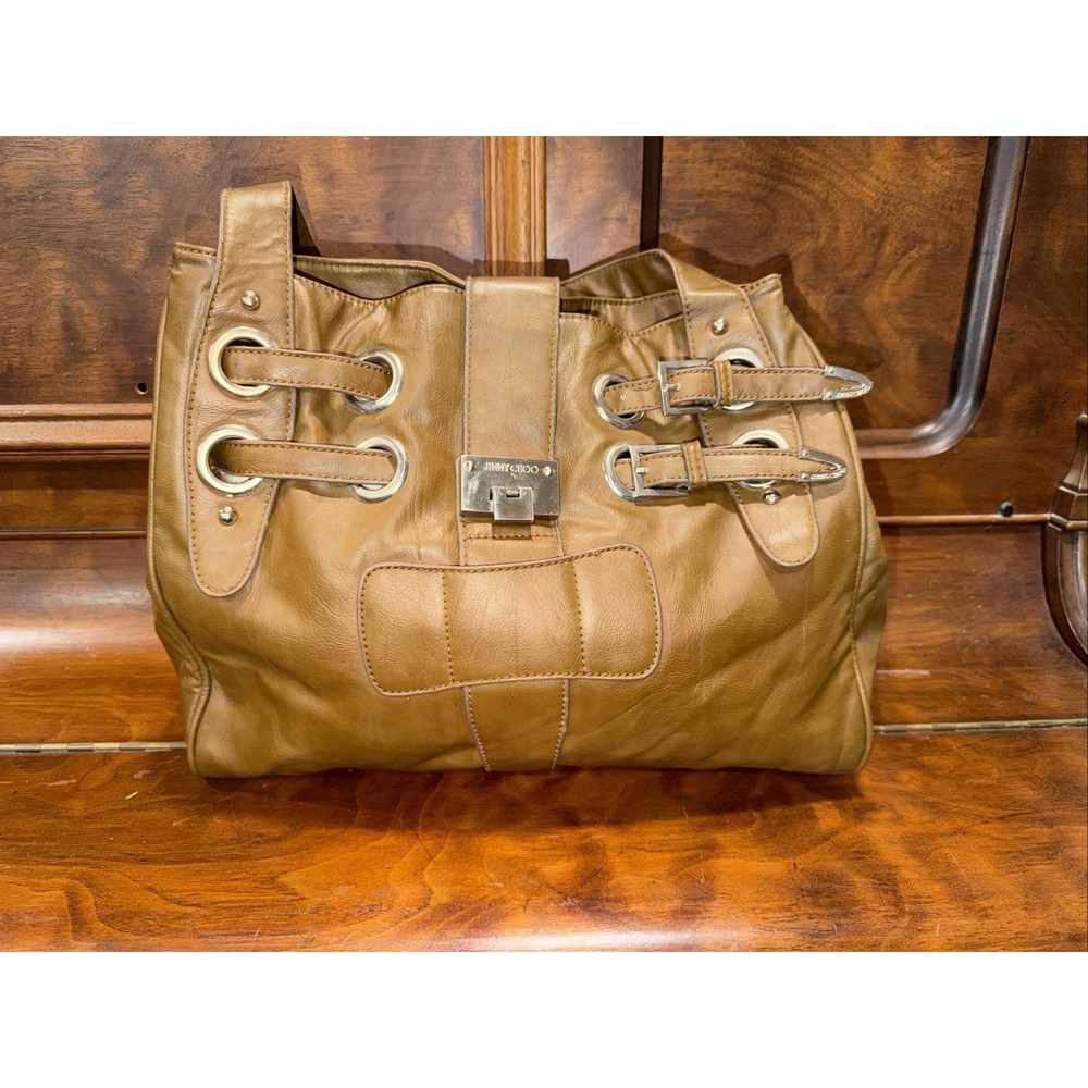 JIMMY CHOO Brown Distressed Leather RAMONA Shoulder Bag, Hobo Bag, Purse silver